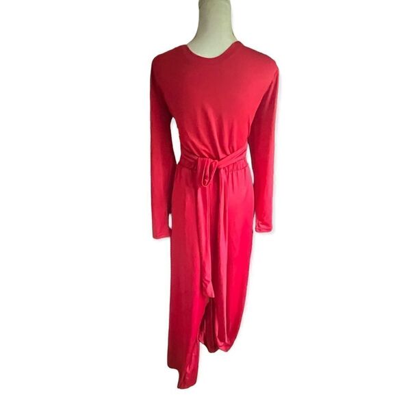 ZAFIRA SASHA SELF TIE CONVERTIBLE LONG SLEEVE WIDE LEG JUMPSUIT HIBISCUS RED S - Picture 7 of 13